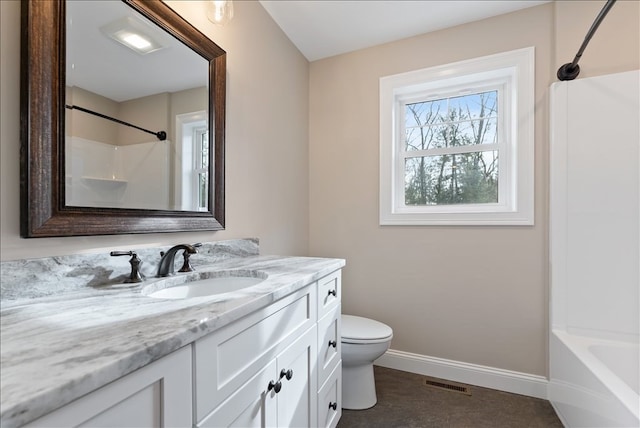 full bathroom featuring shower / bath combination, toilet, and vanity