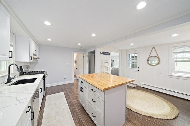 323 N Main St, Cohasset, MA 02025 - kitchen with a sink, wood counters, dark wood finished floors, stainless steel appliances, and healthy amount of natural light