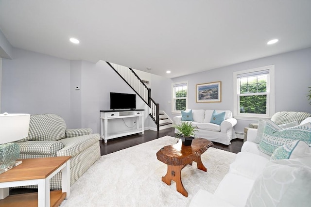 323 N Main St, Cohasset, MA 02025 - living area featuring stairs, wood finished floors, recessed lighting, and baseboard heating
