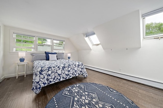 323 N Main St, Cohasset, MA 02025 - bedroom with a baseboard radiator, lofted ceiling, multiple windows, wood-type flooring, and a skylight