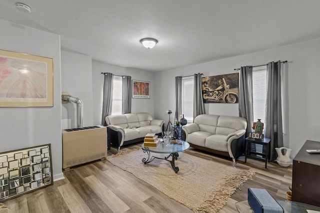 living room featuring heating unit and wood-type flooring