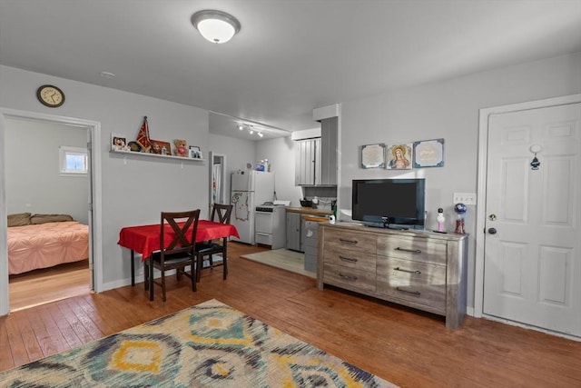 living room with dark wood-type flooring