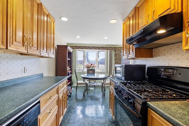 kitchen featuring black appliances, under cabinet range hood, dark countertops, wallpapered walls, and recessed lighting