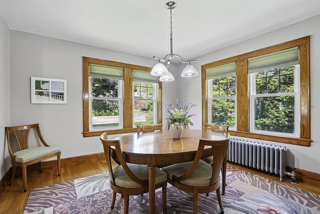 247 S St, Wrentham, MA 02093 - dining room with radiator heating unit, a chandelier, baseboards, and wood finished floors