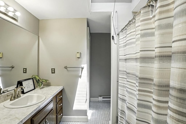247 S St, Wrentham, MA 02093 - full bathroom with baseboard heating, vanity, baseboards, and a shower with curtain