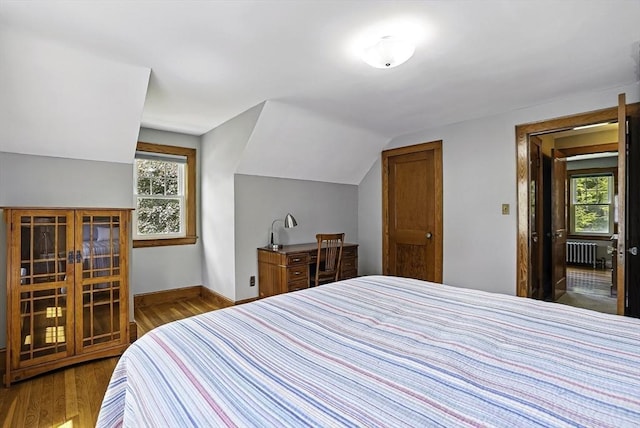 247 S St, Wrentham, MA 02093 - bedroom featuring radiator heating unit, vaulted ceiling, wood finished floors, multiple windows, and baseboards
