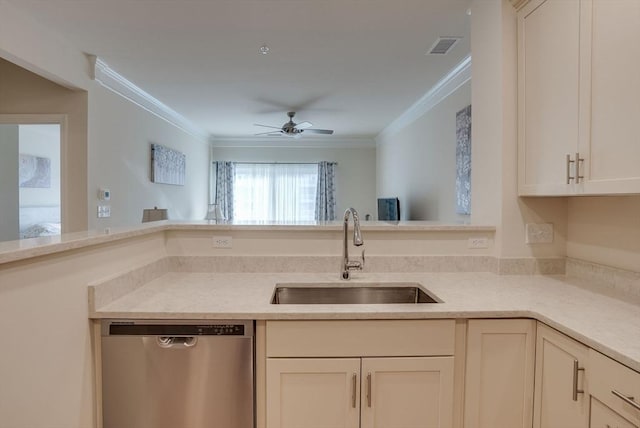 6 Overlook Dr Unit 207, Andover, MA 01810 - kitchen with ornamental molding, stainless steel dishwasher, a sink, visible vents, and a ceiling fan