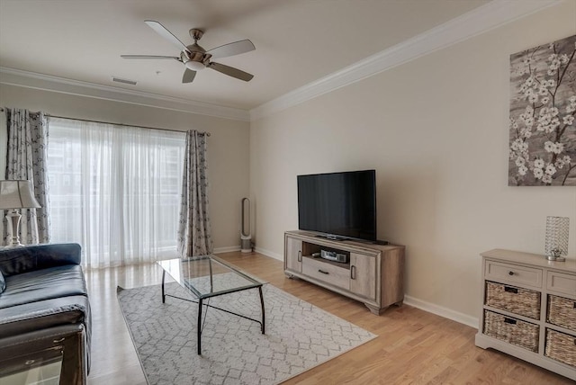 6 Overlook Dr Unit 207, Andover, MA 01810 - living area with baseboards, ornamental molding, light wood-type flooring, and a ceiling fan