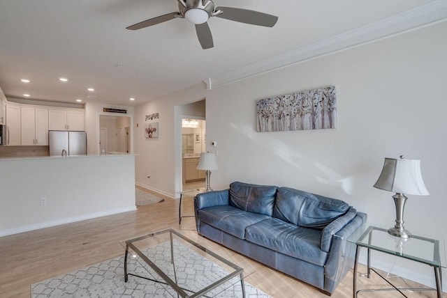 6 Overlook Dr Unit 207, Andover, MA 01810 - living area featuring recessed lighting, light wood-style flooring, baseboards, ceiling fan, and ornamental molding