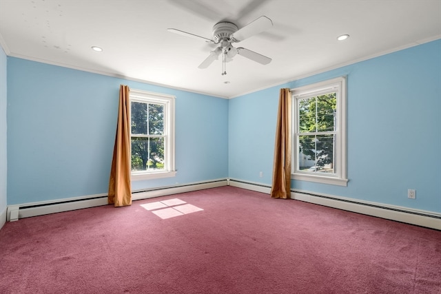 carpeted empty room featuring ceiling fan and ornamental molding