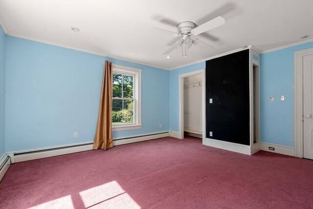 interior space with baseboard heating, ceiling fan, and ornamental molding