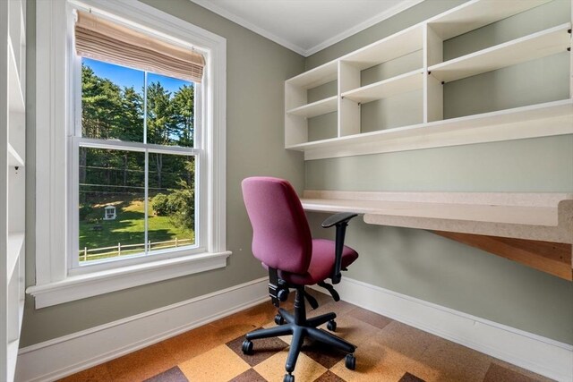 unfurnished office featuring ornamental molding