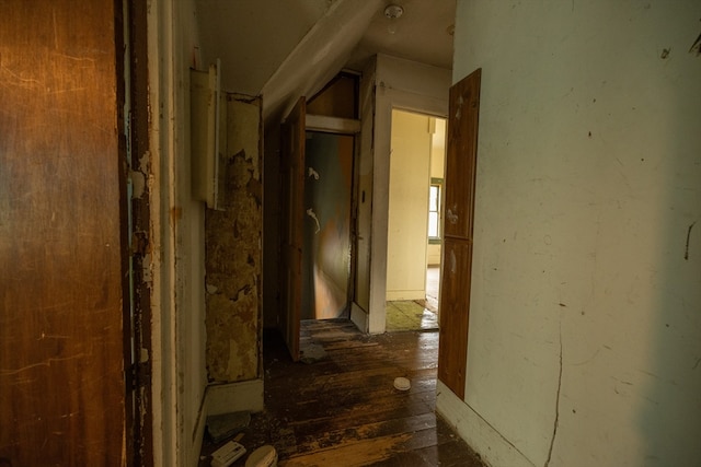 corridor featuring dark wood-type flooring