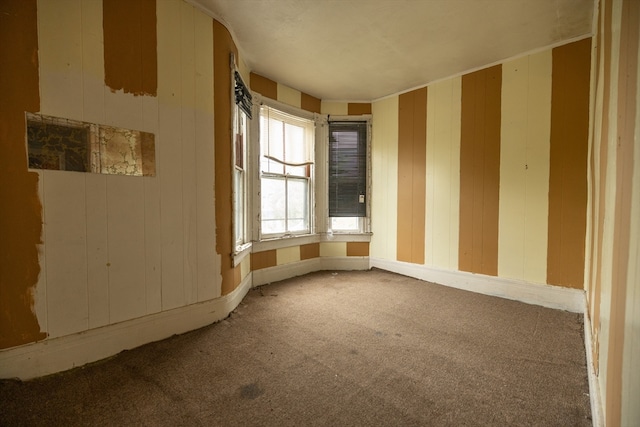 carpeted empty room featuring wood walls