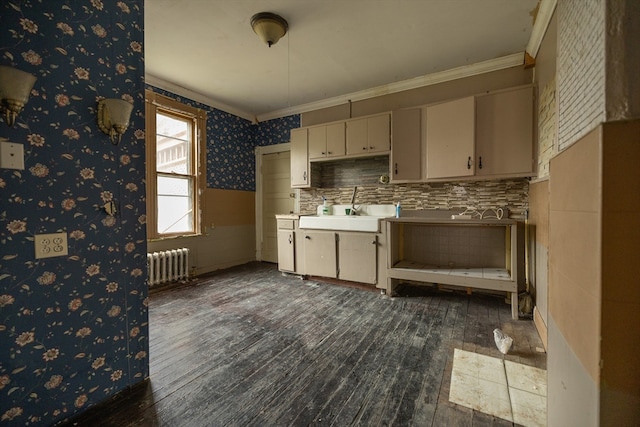 kitchen featuring radiator heating unit, cream cabinetry, dark wood-type flooring, sink, and ornamental molding