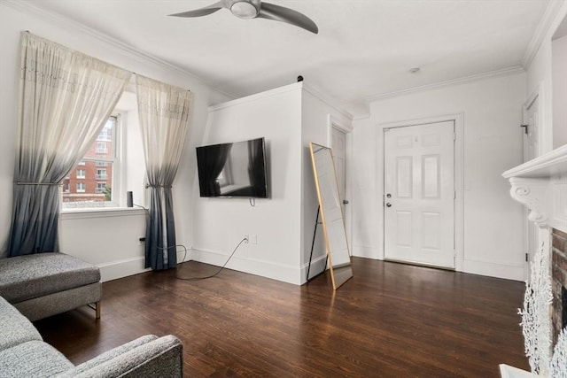 15 Beale St Unit 6, Boston, MA 02124 - living area featuring a ceiling fan, wood finished floors, baseboards, ornamental molding, and a fireplace