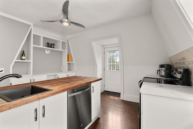 15 Beale St Unit 6, Boston, MA 02124 - kitchen featuring dishwasher, a sink, washer / dryer, white cabinetry, and butcher block countertops