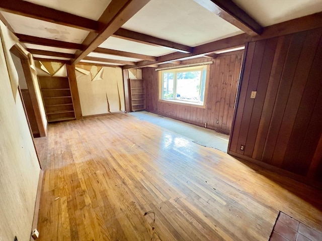 53 Morningside Path, Weymouth, MA 02189 - unfurnished bedroom with hardwood / wood-style floors, beam ceiling, and wood walls