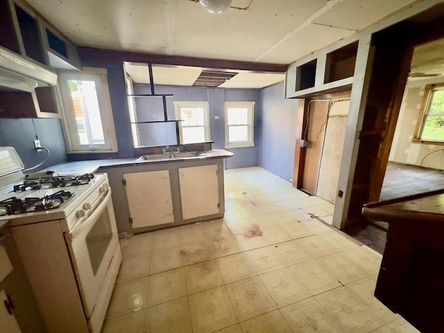 53 Morningside Path, Weymouth, MA 02189 - kitchen with white gas stove, a peninsula, ventilation hood, and plenty of natural light