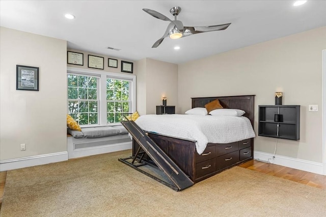 21 Hale St Unit 21, Newton, MA 02464 - bedroom featuring recessed lighting, ceiling fan, light carpet, and light wood-style floors