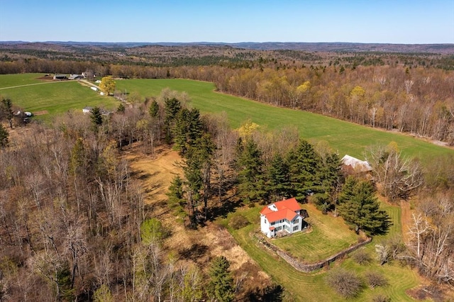 drone / aerial view featuring a wooded view