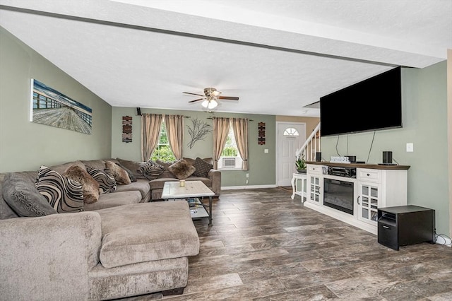 37 Sylvan Rd, Gardner, MA 01440 - living room with ceiling fan, stairs, baseboards, wood finished floors, and a textured ceiling