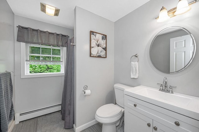 37 Sylvan Rd, Gardner, MA 01440 - full bathroom featuring a baseboard heating unit, baseboards, vanity, toilet, and curtained shower