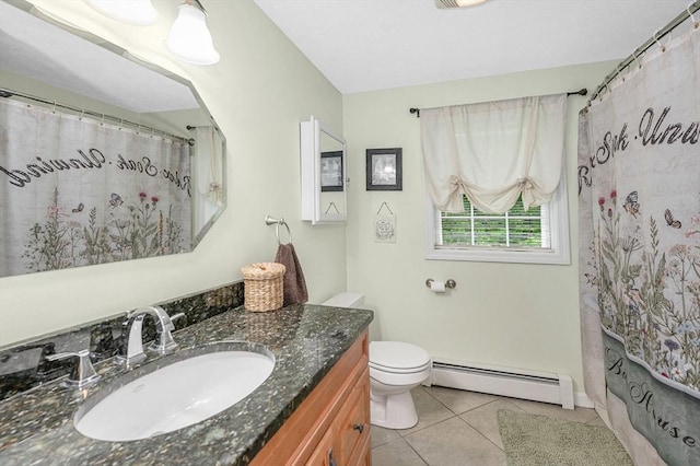 37 Sylvan Rd, Gardner, MA 01440 - bathroom featuring a baseboard radiator, tile patterned flooring, vanity, toilet, and baseboards