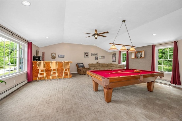 37 Sylvan Rd, Gardner, MA 01440 - game room featuring carpet floors, baseboard heating, pool table, lofted ceiling, and recessed lighting