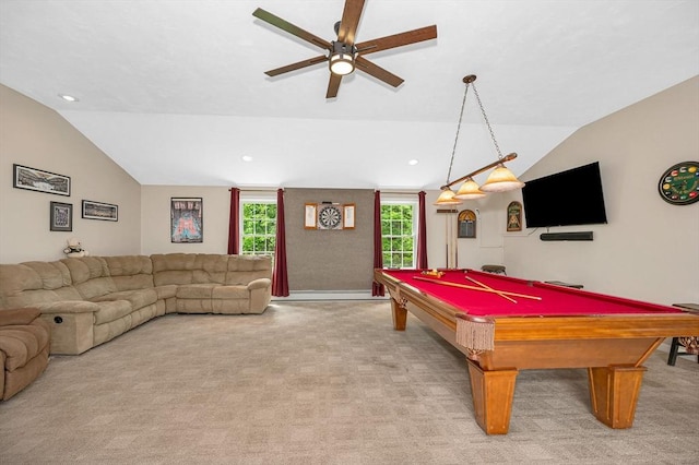 37 Sylvan Rd, Gardner, MA 01440 - recreation room featuring lofted ceiling, light colored carpet, a ceiling fan, billiards, and recessed lighting