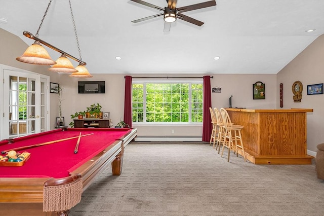 37 Sylvan Rd, Gardner, MA 01440 - game room featuring a baseboard radiator, bar area, vaulted ceiling, a ceiling fan, and carpet floors