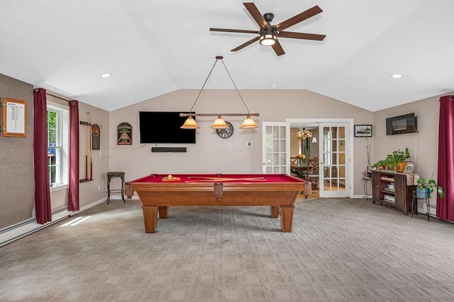 37 Sylvan Rd, Gardner, MA 01440 - recreation room with french doors, lofted ceiling, pool table, baseboards, and ceiling fan