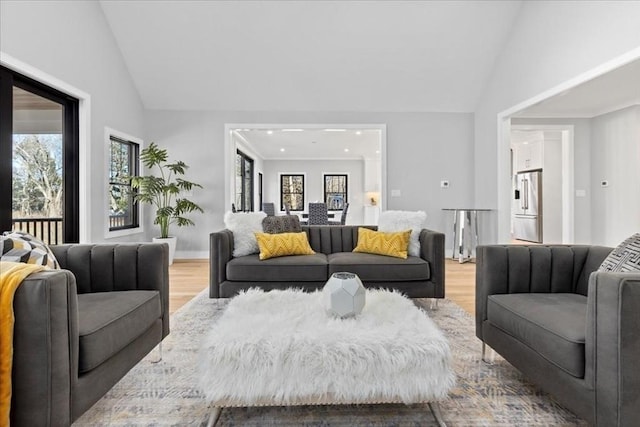 living room featuring lofted ceiling, wood finished floors, and baseboards