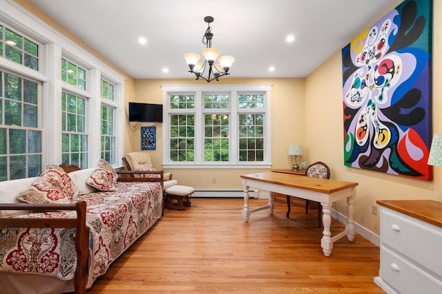21 Autumn Ln, Marion, MA 02738 - bedroom featuring light wood-style floors, a chandelier, a baseboard heating unit, recessed lighting, and baseboards