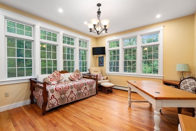 21 Autumn Ln, Marion, MA 02738 - bedroom featuring a chandelier, light wood finished floors, a baseboard radiator, baseboards, and recessed lighting