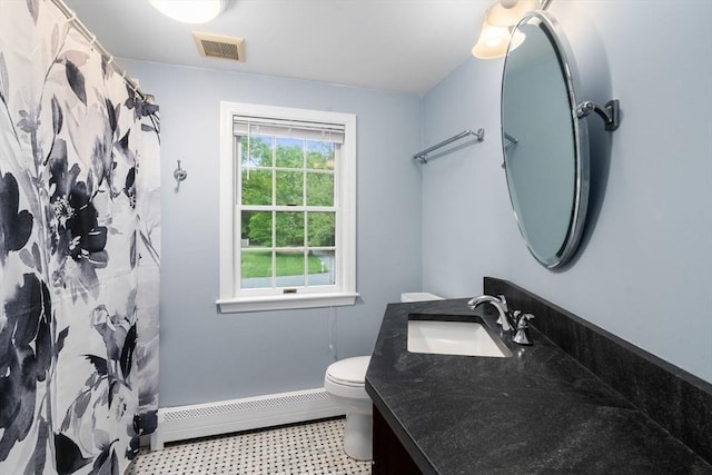 21 Autumn Ln, Marion, MA 02738 - full bathroom featuring a baseboard heating unit, toilet, vanity, and curtained shower