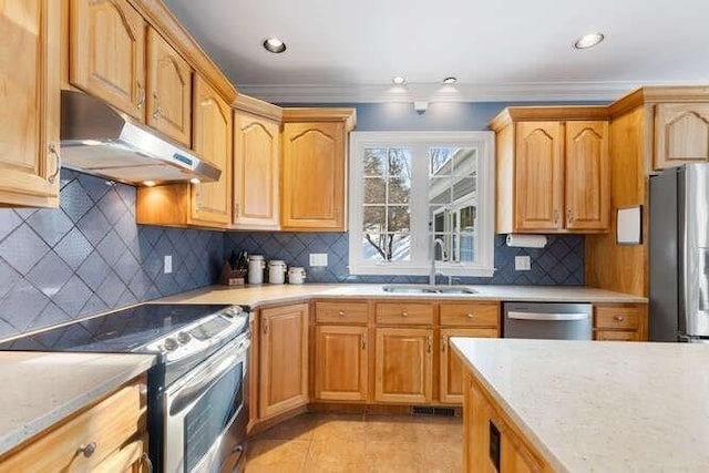 kitchen featuring crown molding, sink, light tile patterned floors, and stainless steel appliances