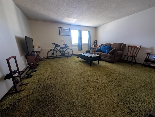 living room with a textured ceiling, an AC wall unit, and carpet flooring