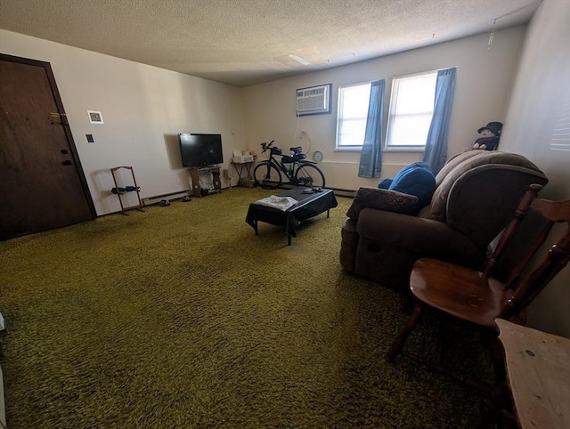 living area featuring carpet flooring, a textured ceiling, and a wall mounted air conditioner