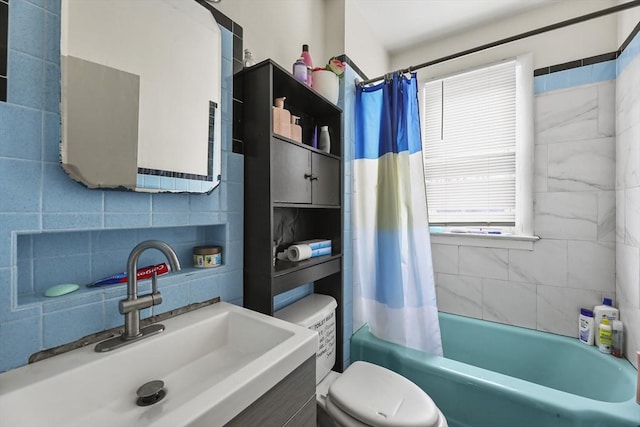 bathroom featuring tasteful backsplash, tile walls, toilet, shower / tub combo, and vanity