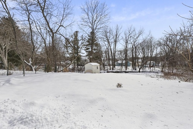 yard covered in snow with an outbuilding and a storage unit