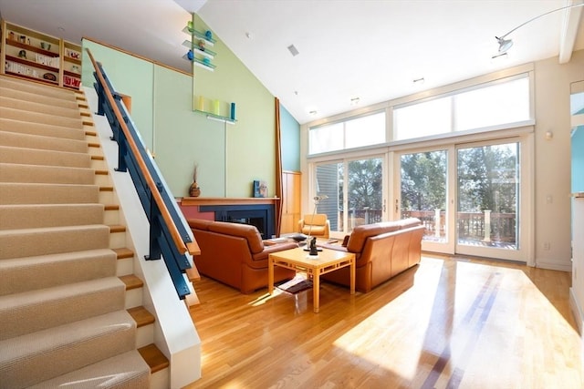 living room featuring light hardwood / wood-style flooring and a high ceiling