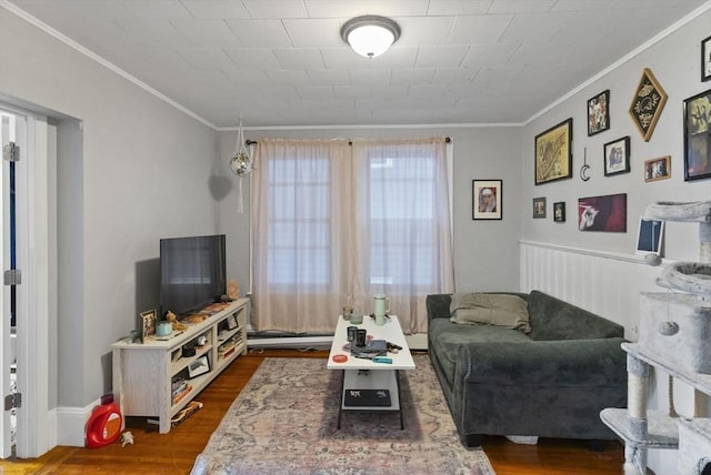 living area featuring dark wood-style floors and crown molding