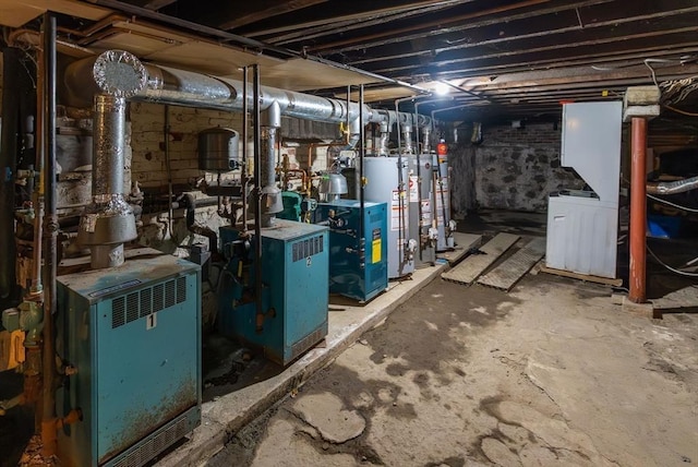 utility room featuring gas water heater and a heating unit