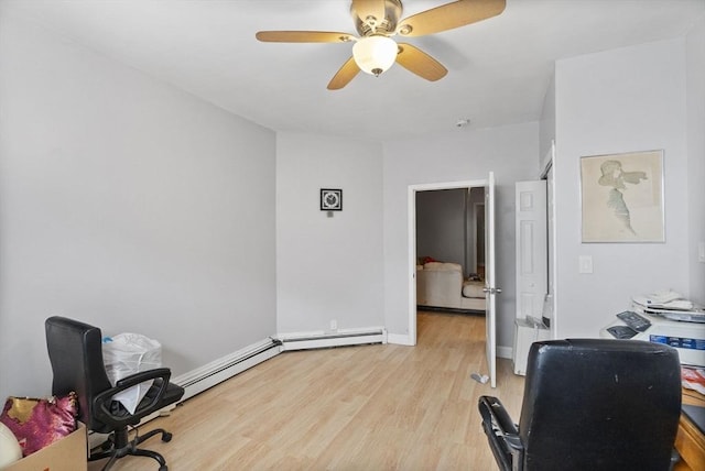 home office featuring a baseboard radiator, light wood-style flooring, baseboards, and ceiling fan