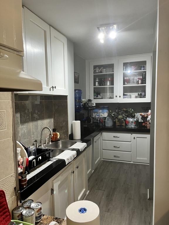 interior space with a sink, white cabinets, tasteful backsplash, dark wood finished floors, and glass insert cabinets