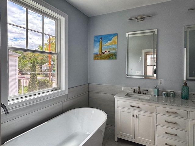 full bathroom with plenty of natural light, vanity, and a freestanding tub
