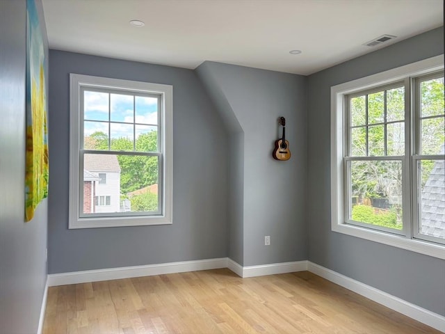 additional living space with healthy amount of natural light, light wood finished floors, and baseboards