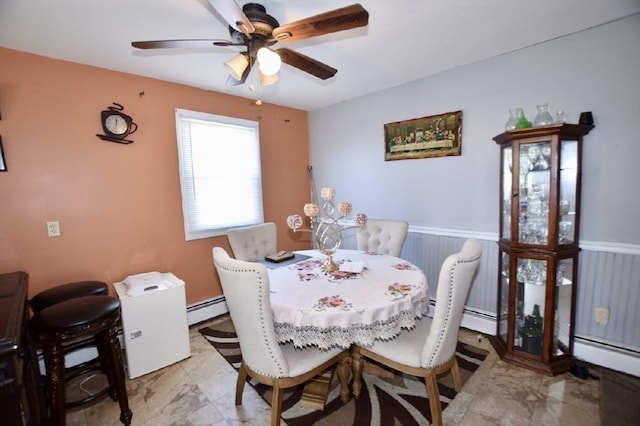 dining room featuring ceiling fan and a baseboard radiator