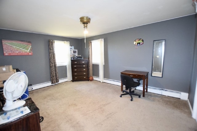 office area featuring carpet floors and a baseboard radiator